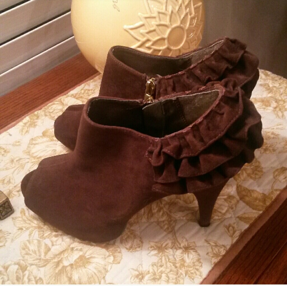 Vegan Suede Brown Ruffled Open Toe Bootie Heels